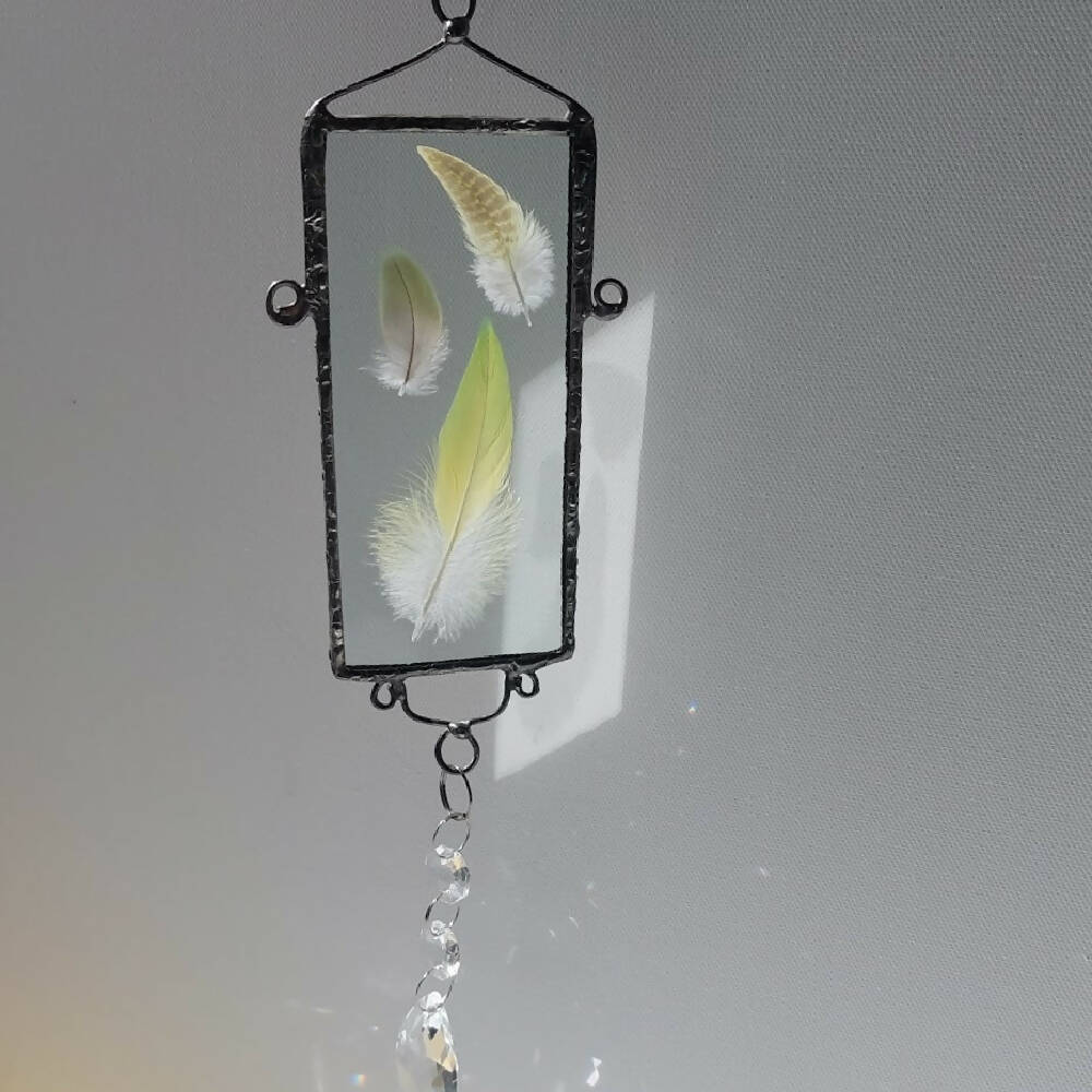 Beautiful feather suncatcher, real feathers soldered between glass with crystals