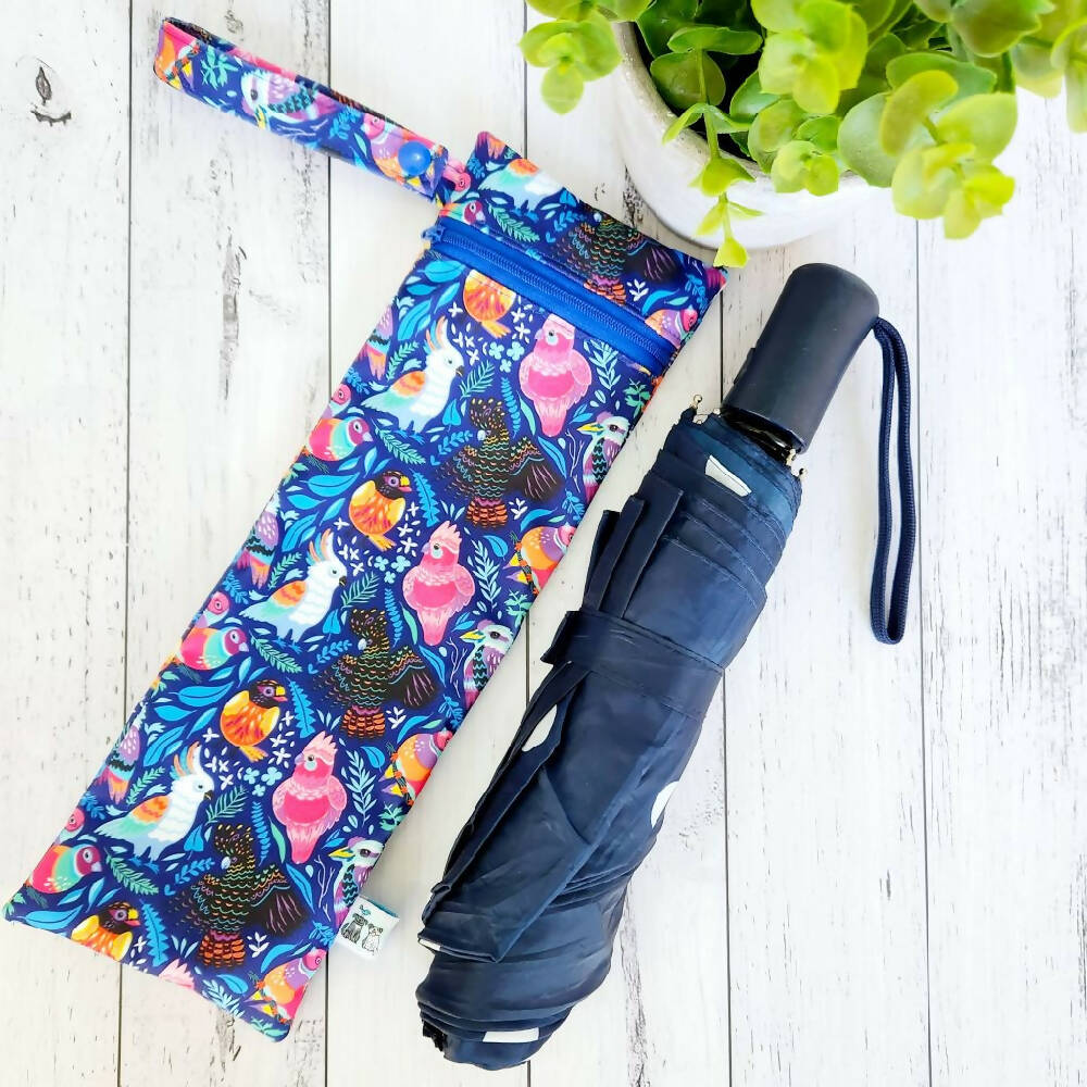 Umbrella Bag, Waterproof Reusable Zip Bag, Aussie Birds, Blue Zip
