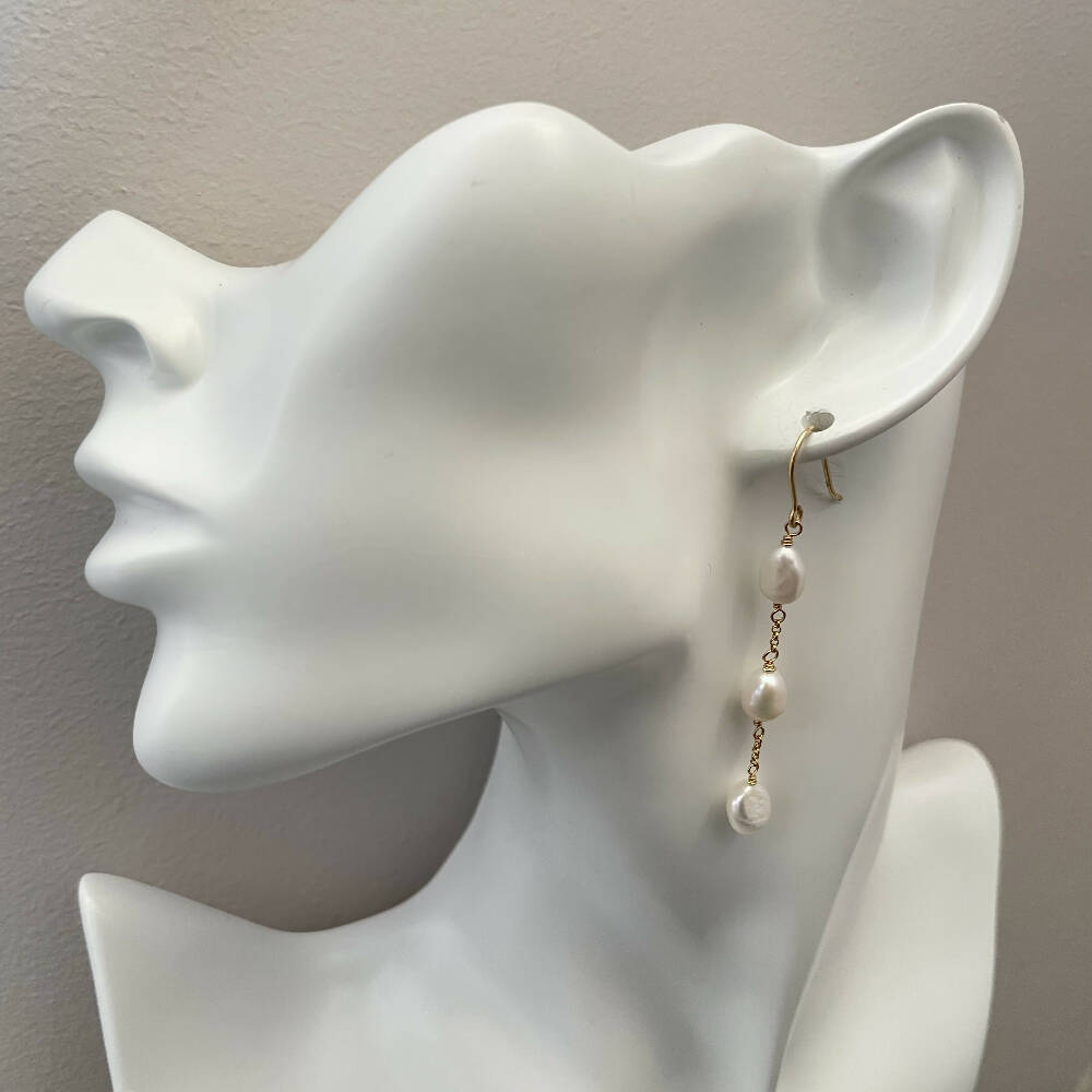 14K Gold filled three tier freshwater pearl earrings