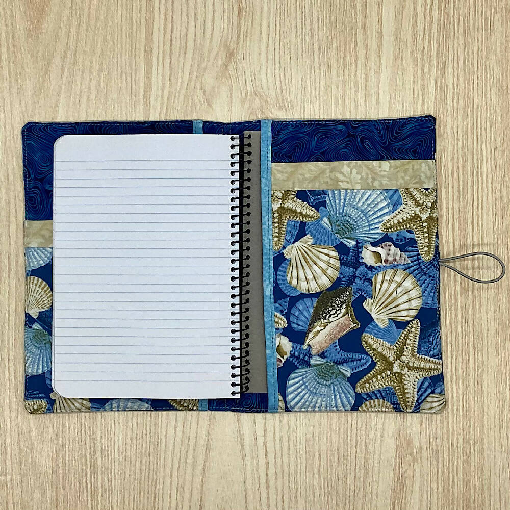 Seashells refillable A5 fabric notebook cover gift set - Incl. book and pen.