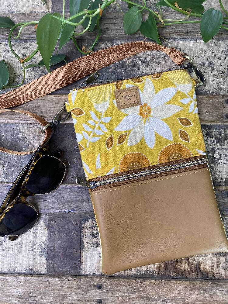 Mini Crossbody Bag - Yellow Banksia/Tan Faux Leather