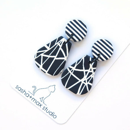 Abstract black and white pear shape Polymer Clay earrings