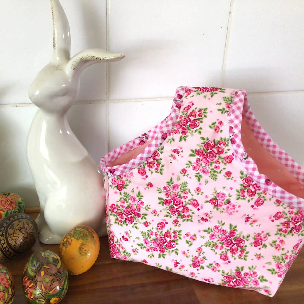 Easter Basket, Fabric Basket, Bag, kids basket,. Pink posy on white