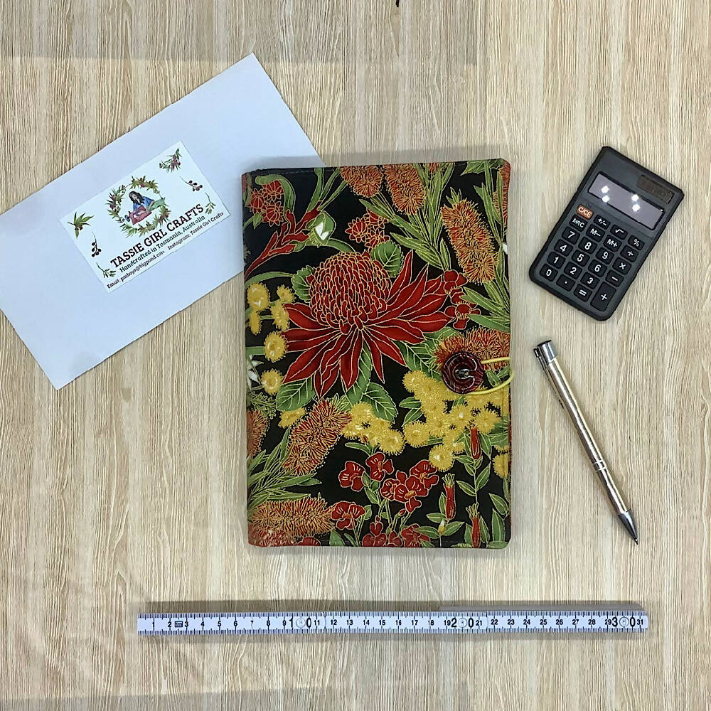 Australian Waratah floral refillable A5 fabric notebook cover gift set - Incl. book and pen.