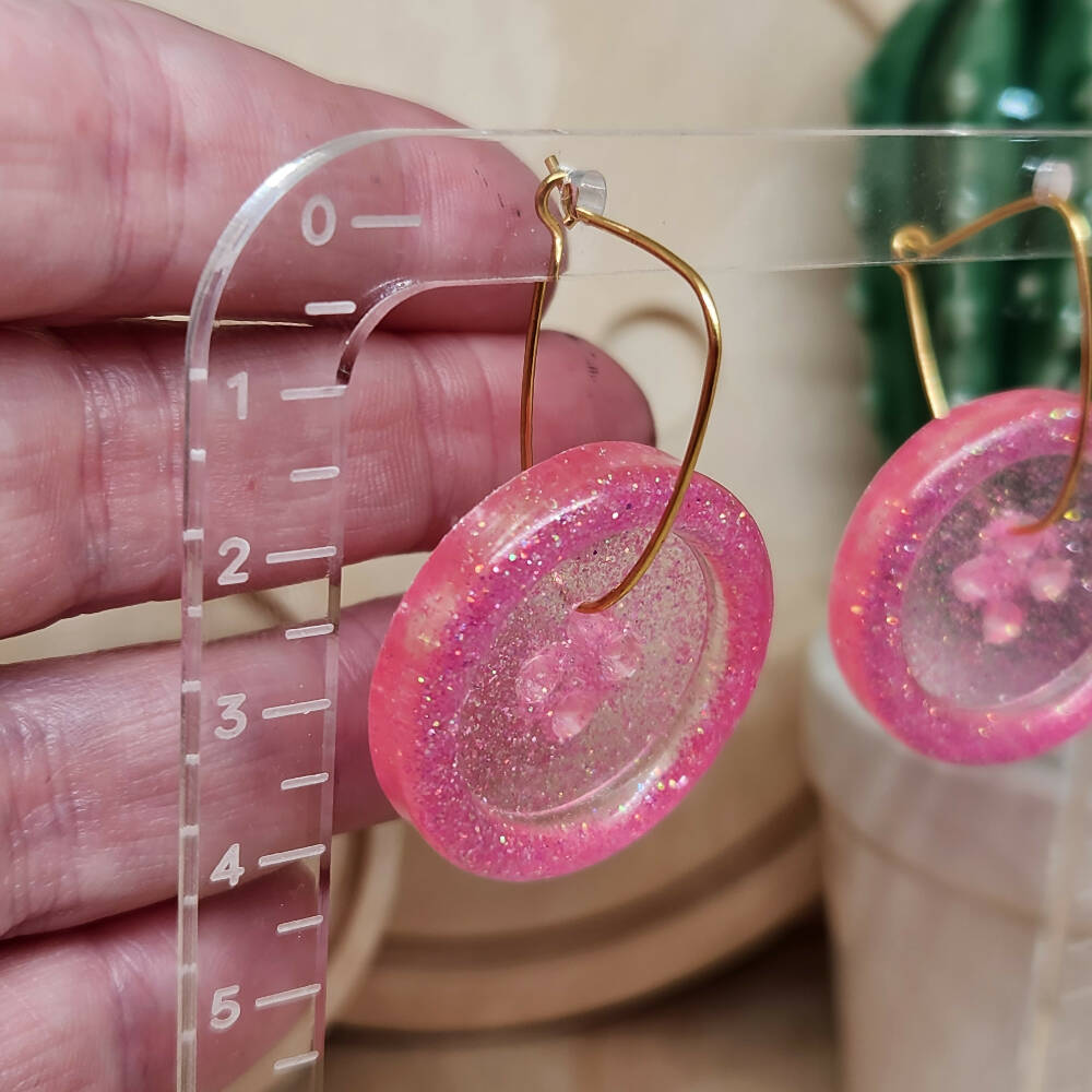 Dangle Earrings - Billie Button Pink Sparkle - Resin - Hoop