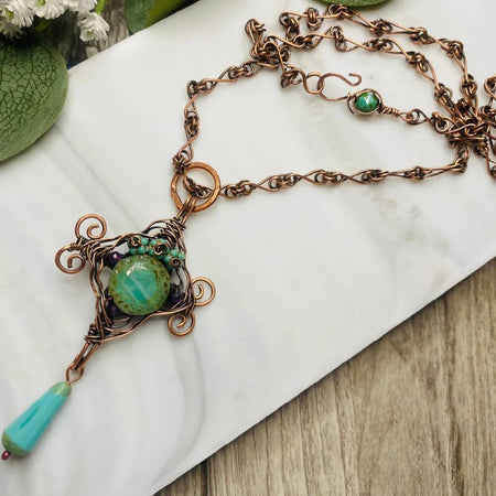 Turquoise Czech Glass Wire Wrapped Necklace