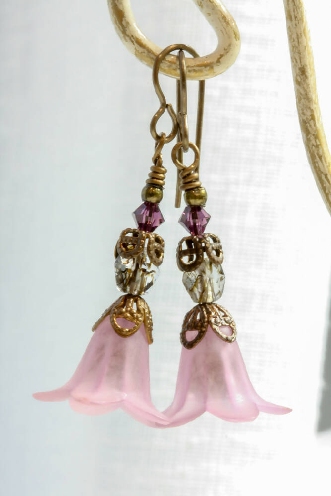 Lucite Flower Drop Earrings in Amethyst & Brass