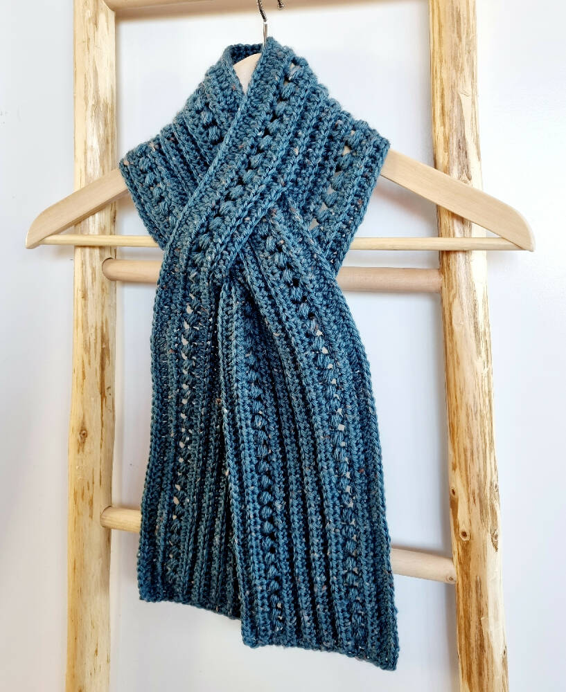 Keyhole Scarf Teal Tweed Adult Vintage Handmade Crochet