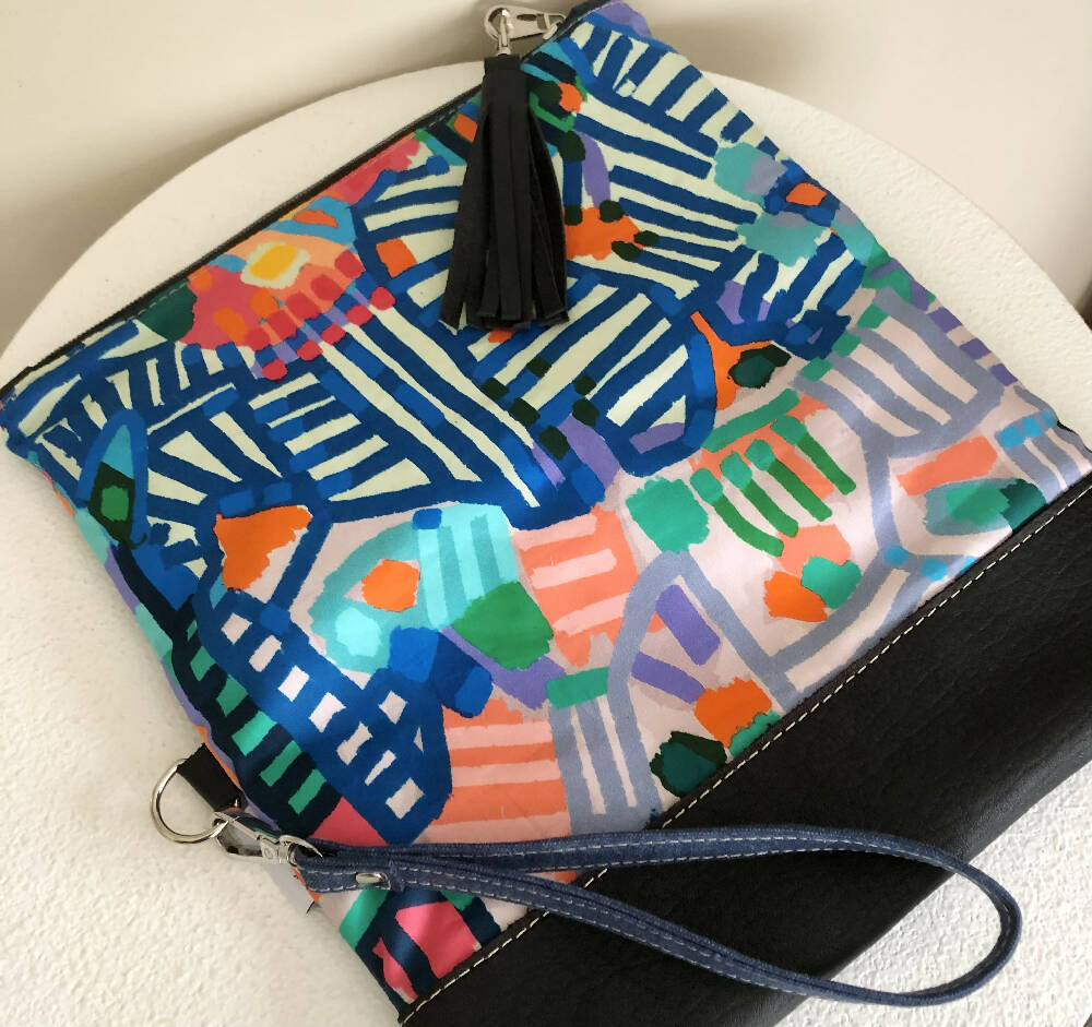 Fold Over Clutch Bag in Balmain Print Fabric, Blue Canvas and Leather