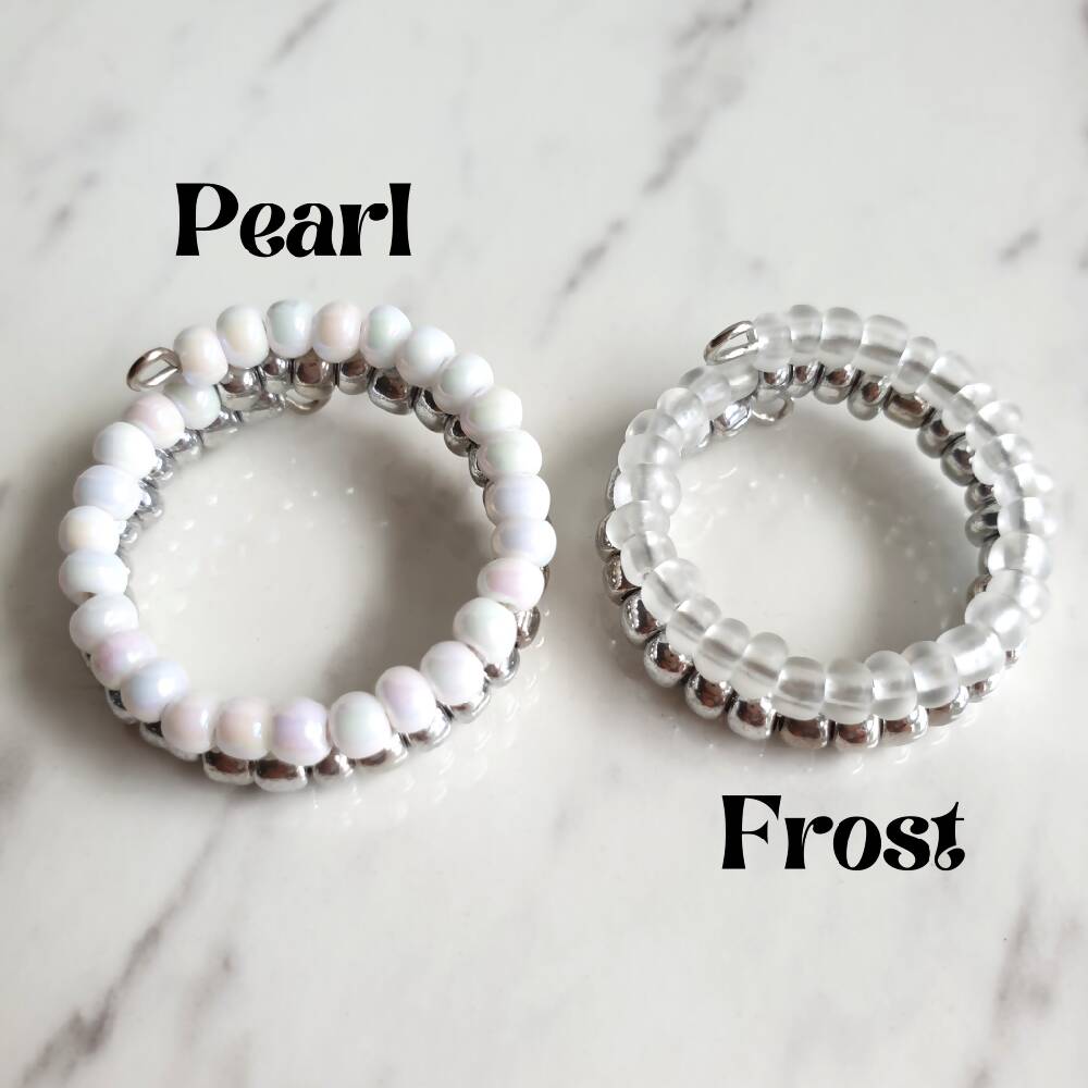 2 lined Silver White / Frost seed beads memory wire ring