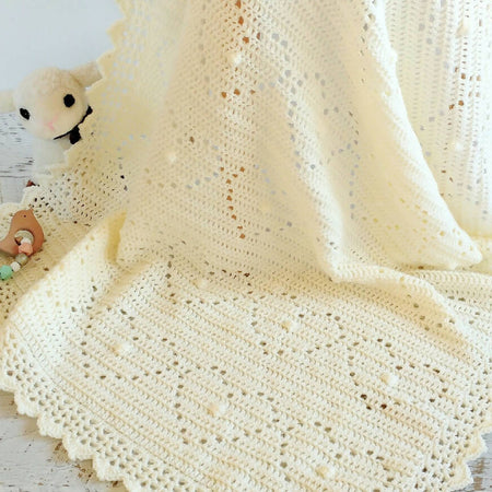 Baby Blanket Afghan Handmade Crochet Newborn Cream/Off White Vintage Hearts & Bobbles