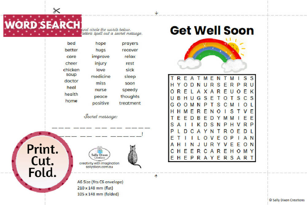 DIGITAL - Printable Get Well Card - WORD SEARCH Puzzle - PDF Download