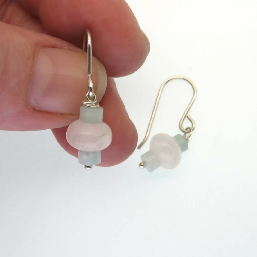 Rose quartz and amazonite beads sterling silver earrings 4