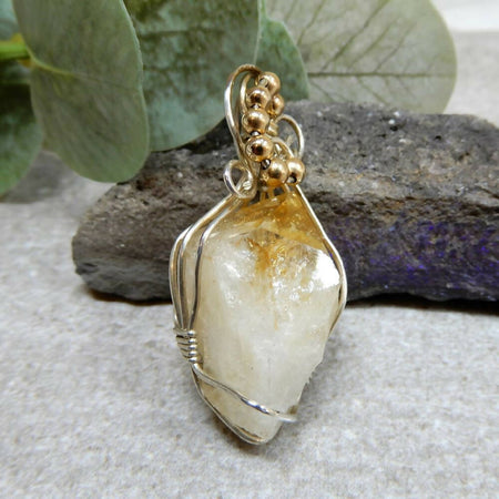 Citrine point pendant Sterling silver wire wrapped 14k gold beads