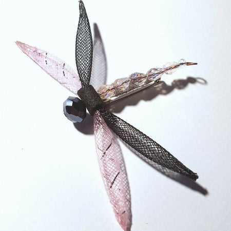 Brooch shawl hat pin. Dragonfly, nylon mesh and crystals.