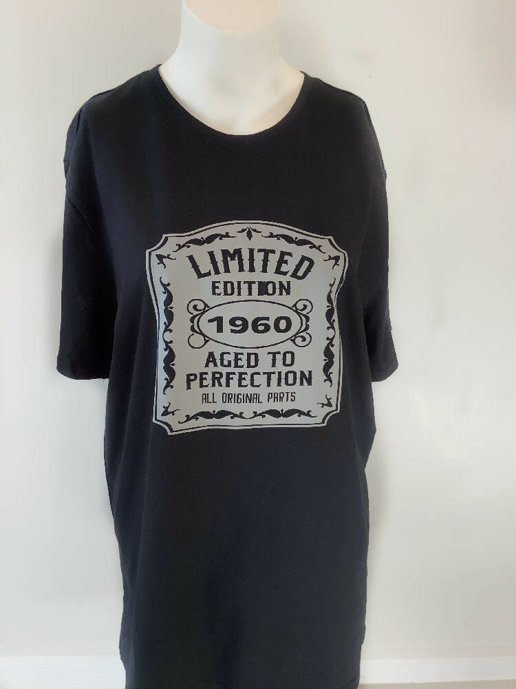 Birthday 1960 graphic T shirt, black T shirt, short sleeve, crew neck, Australian size 16, unisex T shirt