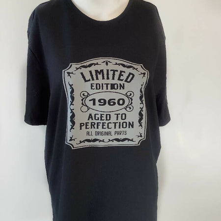 Birthday 1960 graphic T shirt, black T shirt, short sleeve, crew neck, Australian size 16, unisex T shirt
