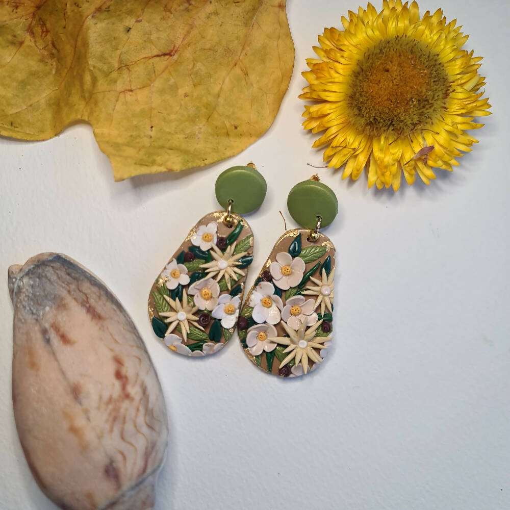 Earrings, Floral and Gold