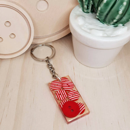 Keyring - RED & WHITE STRIPE Buttons - Rectangle - Resin