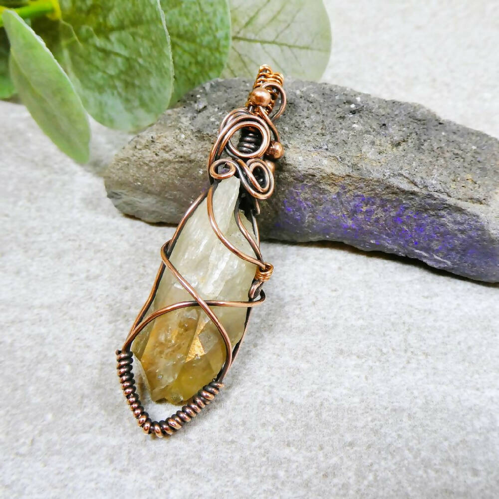 Large Smoky Citrine crystal point copper wire wrapped pendant