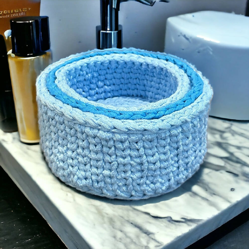 Handmade Crochet Blue Nesting Baskets
