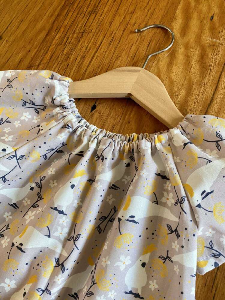 dress - grey cockatoos / cotton peasant-style dress mushroom taupe