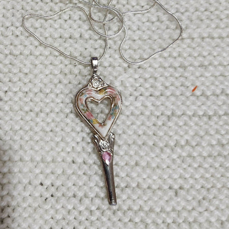 Pendant necklace, floral enamel heart, recycled cutlery