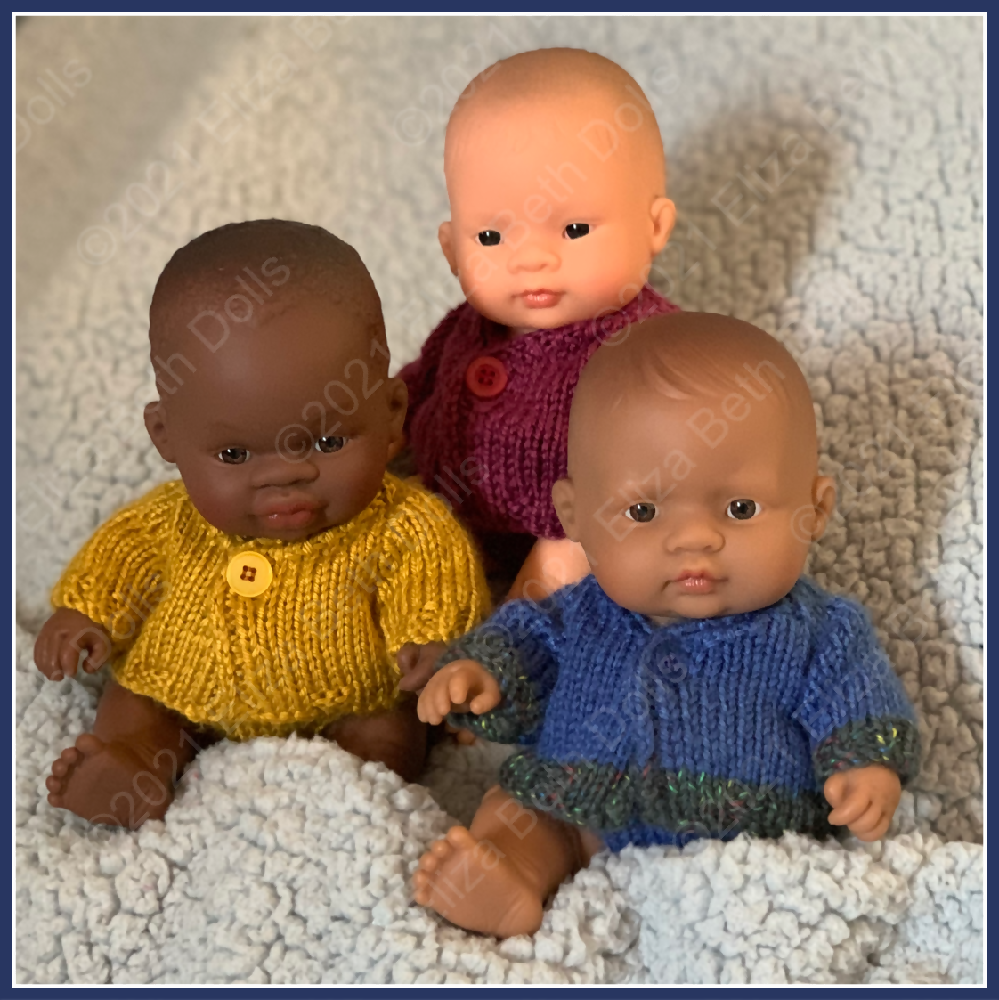 Miniland 21cm clothes, PDF digital pattern, Cardigan, Jacket, Coat, Boy, Girl, Unisex, Easy quick knit, Straight needles, Flat knit, Baby doll clothes, Cute outfit, Doll accessories, Minikane, 8inch, Eliza Beth Dolls, ElizaBethDolls, Australia, Clear instructions, Photos, 8ply DK yarn, Beginner friendly, Basic knitting, Simple pattern, 7