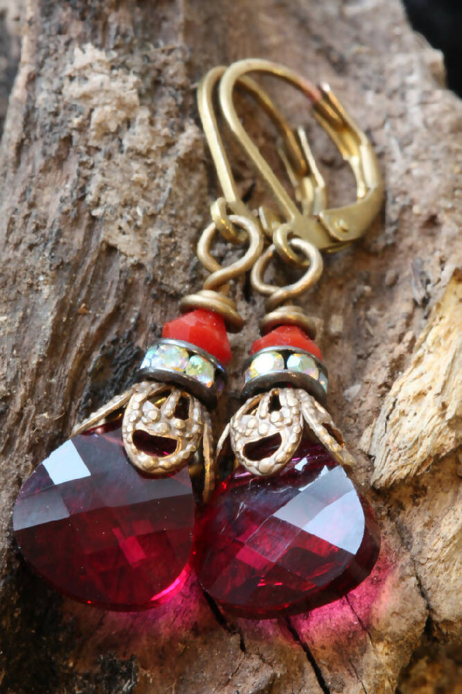 Swarovski Crystal & Brass Drop Earrings Ruby Briolette