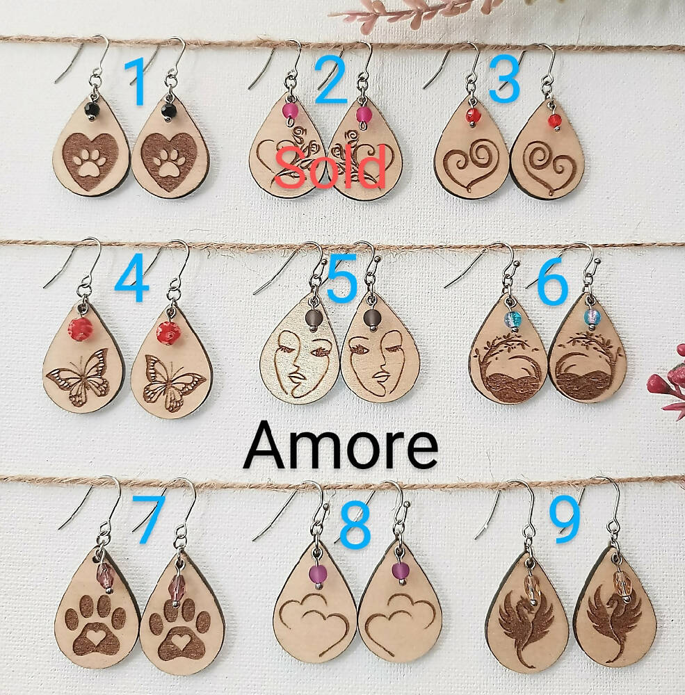 Wooden Teardrop Earrings - 'Amore'