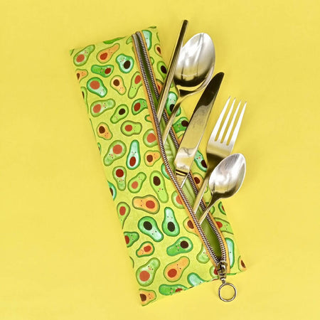 Reusable Cutlery Pouch - Kawaii Avocados on Green