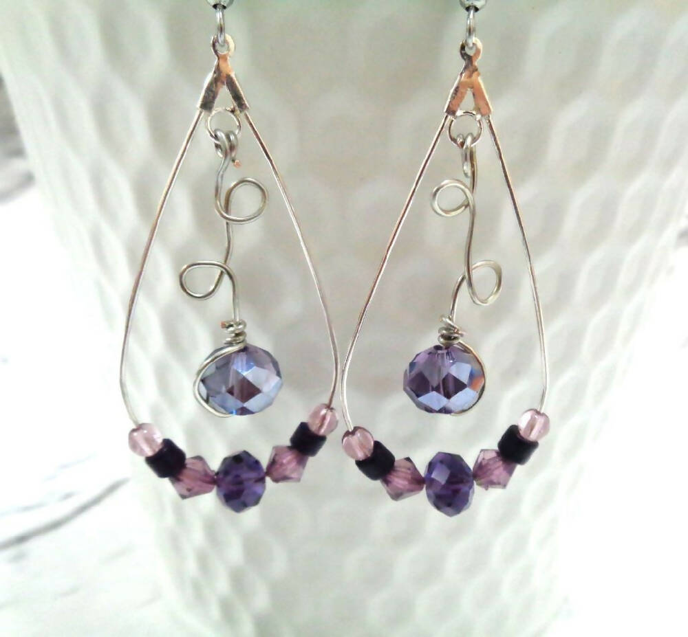 Hoop Earrings -purple beads - silver