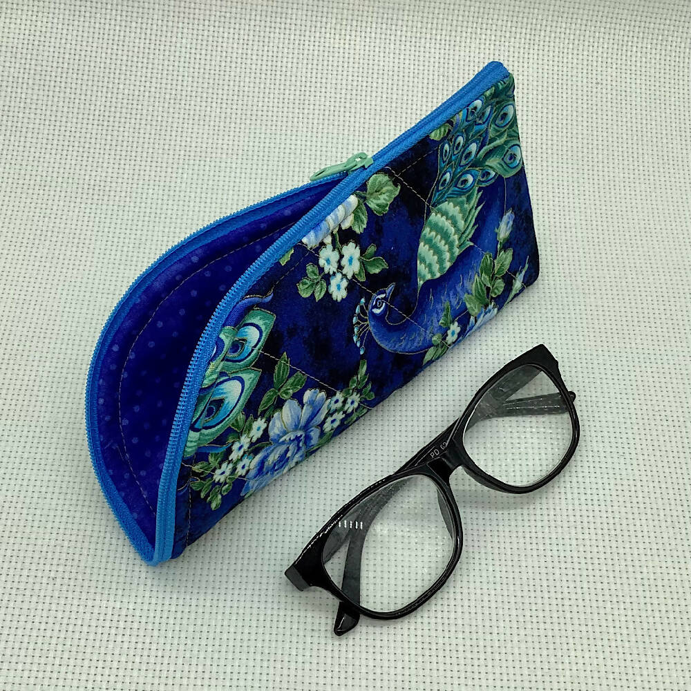 Peacock feathers curved top zip pouch for glasses, phones, handbag organiser, etc.