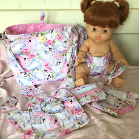 Nappy Bag and accessories for Baby Doll - Pink Swans #1