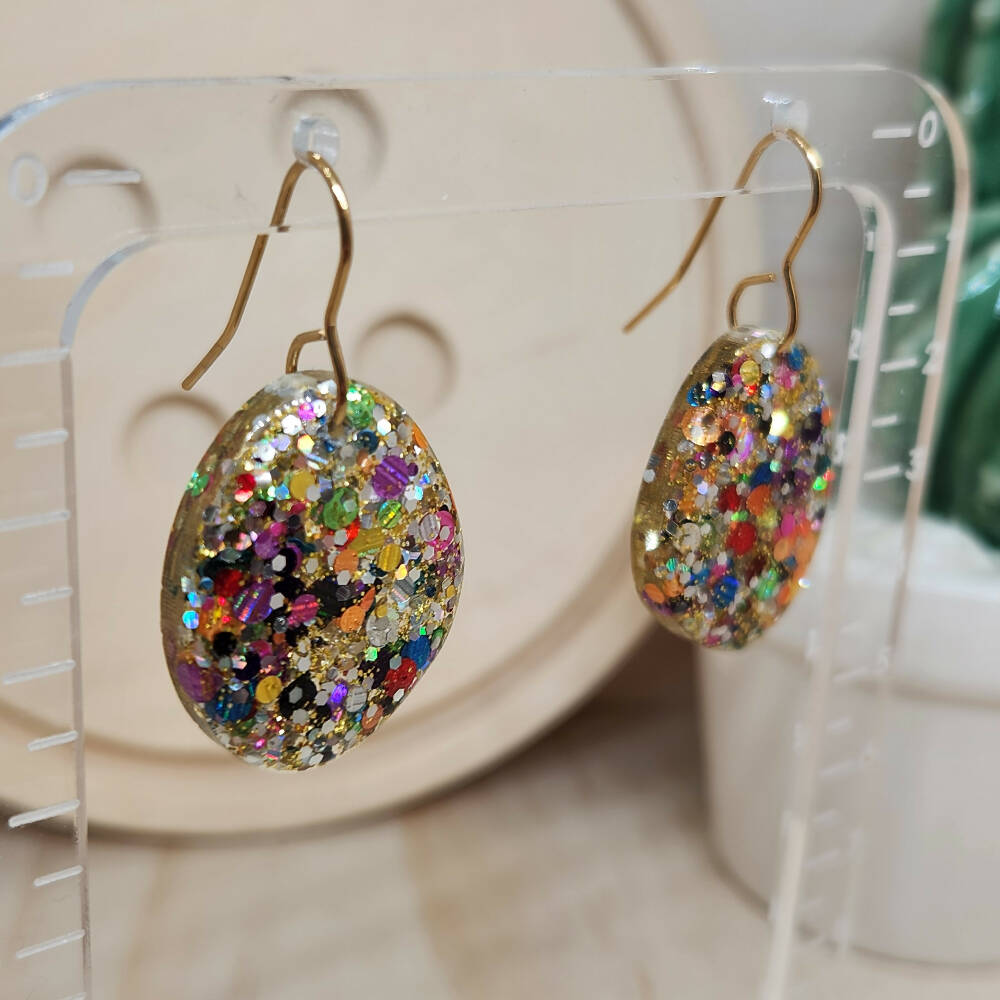 Dangle Earrings - Nellie Nugget - Gold Glitter - Resin - Hook