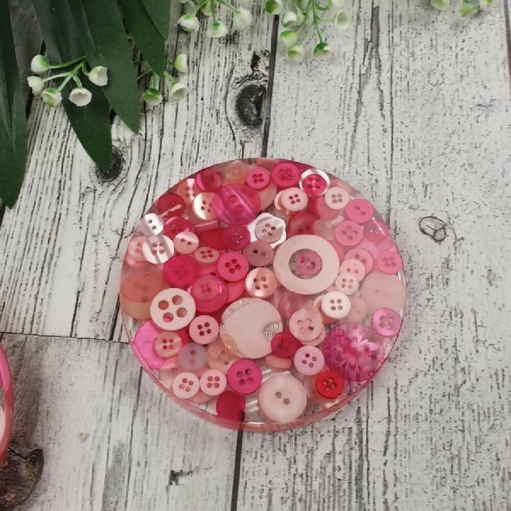 Coasters - PINK - Button & Resin Mix - Drinks - Mug Glass - Paperweight - SINGLE