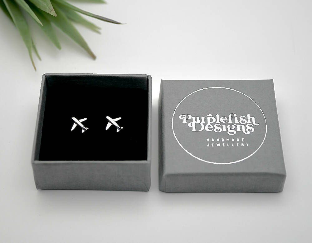 Tiny Plane Studs - Handmade Sterling Silver Aeroplane Earrings
