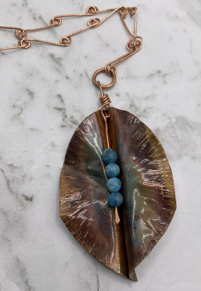 Copper Leaf Pendant with Azurite & Chain