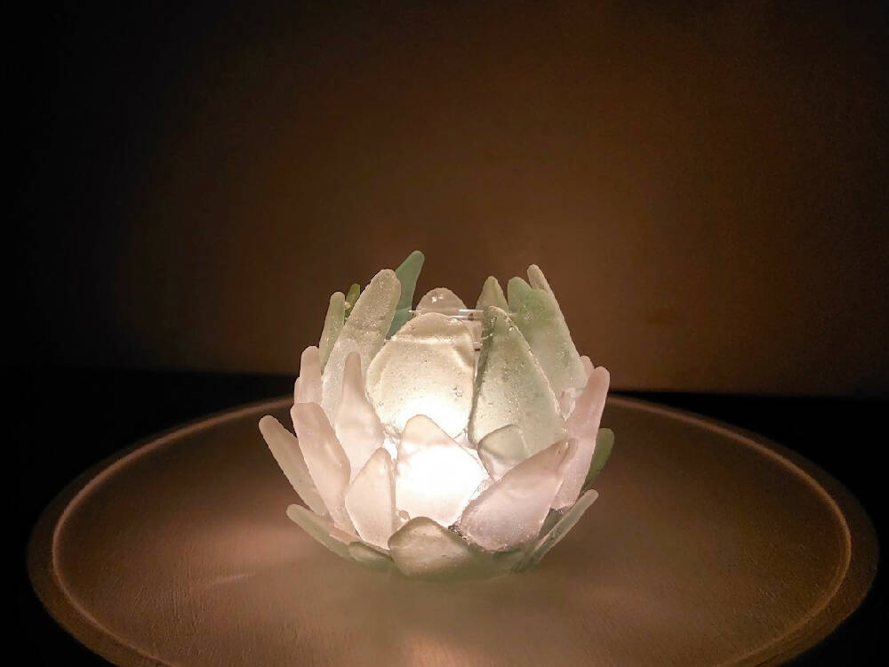 Australian Sea glass tealight candle holder with tiny quartz crystals