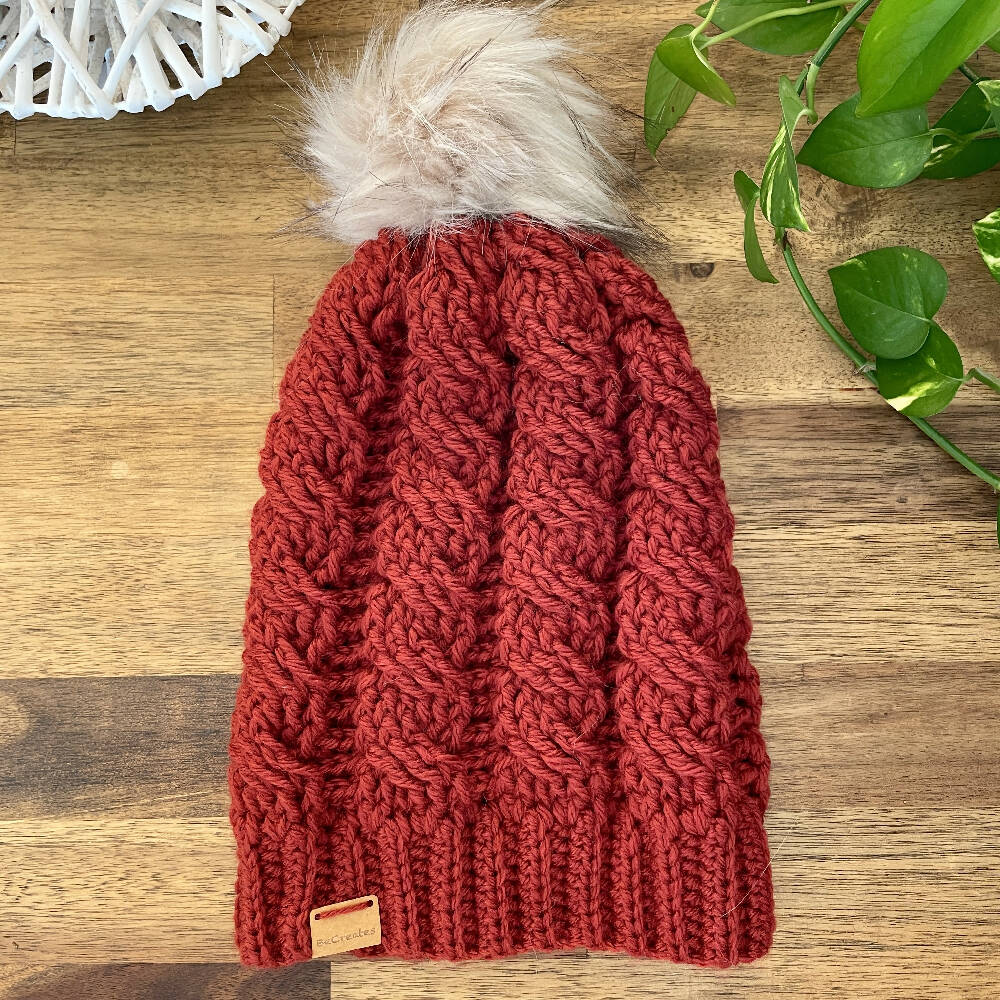 Adult Chunky Beanie with Faux Fur Pom Pom - Mustard