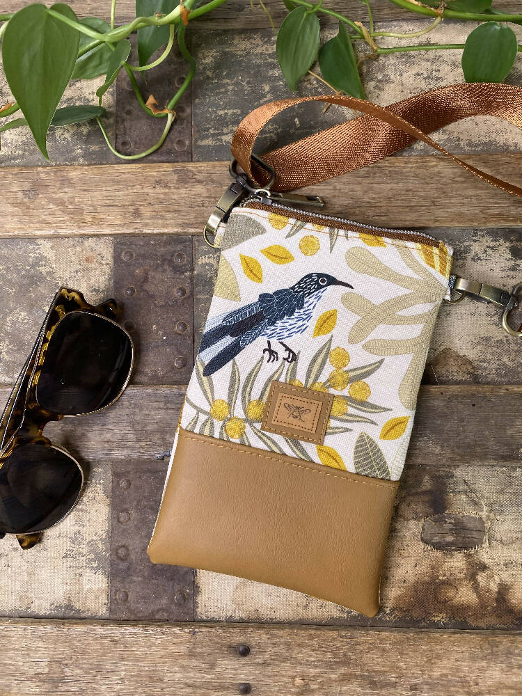 Mini Crossbody Bag - Wattle Bird & Banksia/Tan Faux Leather
