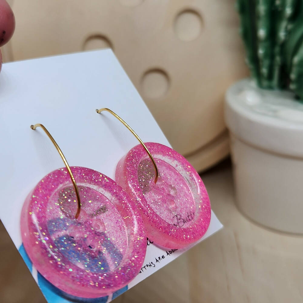 Dangle Earrings - Billie Button Pink Sparkle - Resin - Hoop