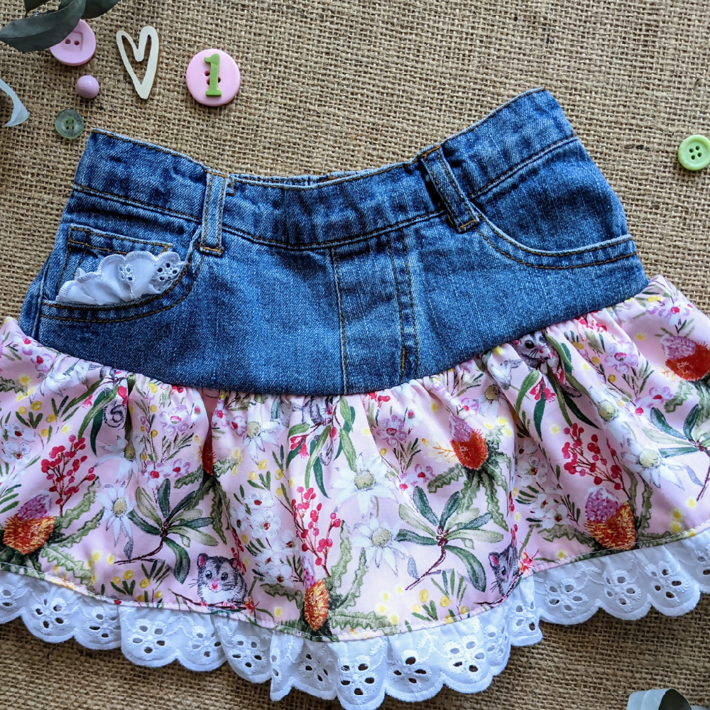 Baby girls 6-12 months pink Upcycled Denim skirt