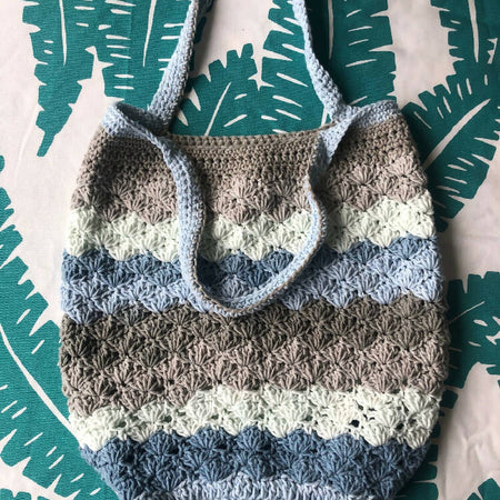 Crochet Market Bag | Caron Cake Cotton (Blues & Browns) | Shell Stitch Bag