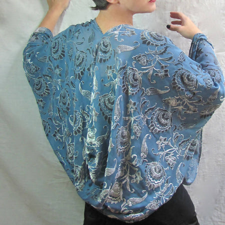 Soft Grey & Azure Blue Devore Velvet 1930s Style Evening Jacket / Kimono Wrap