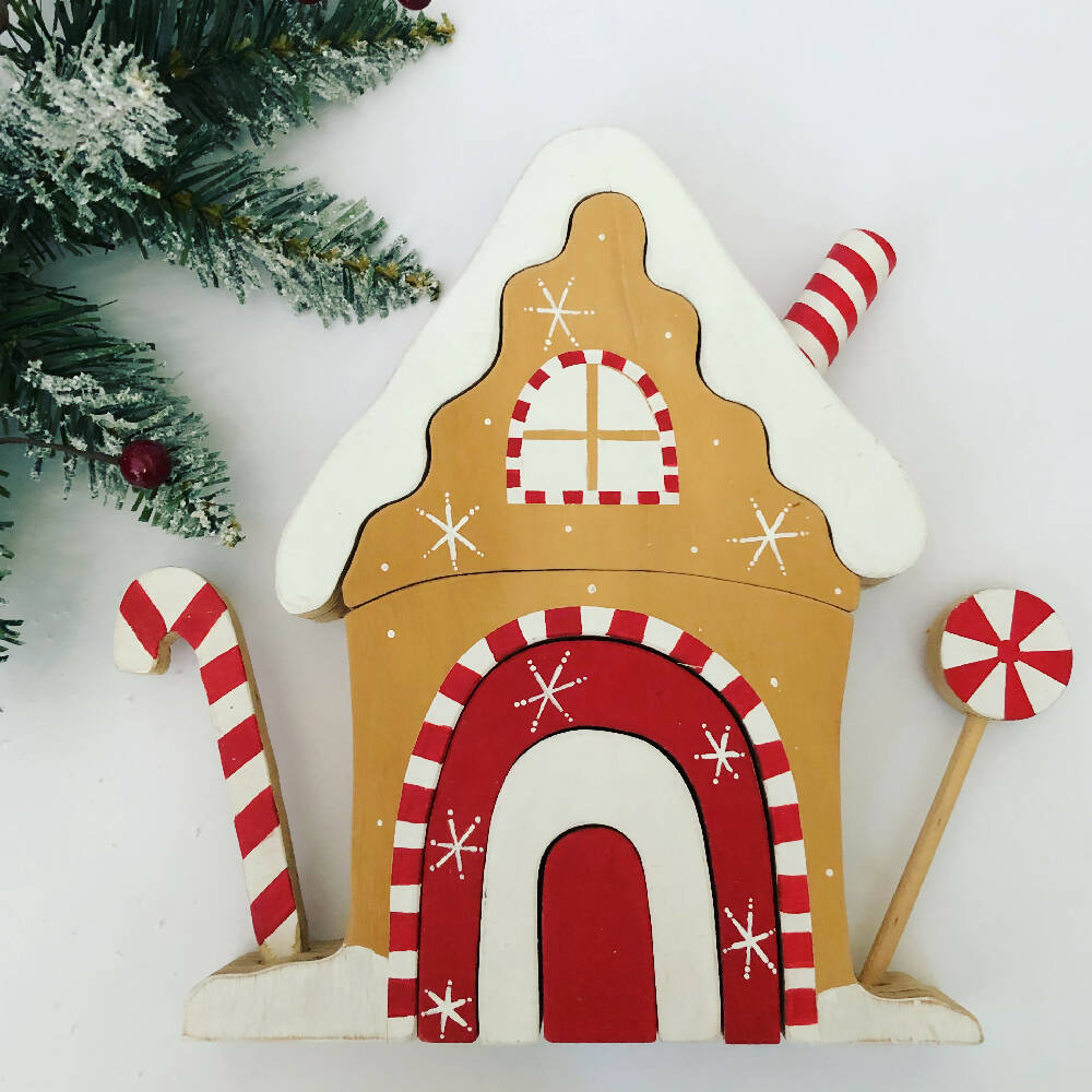 Wooden Gingerbread House Christmas stacker with Rainbow Door.