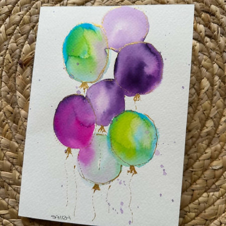 Set Of 4 Greeting Cards Hand Painted Original Artworks - Cakes And Ballons