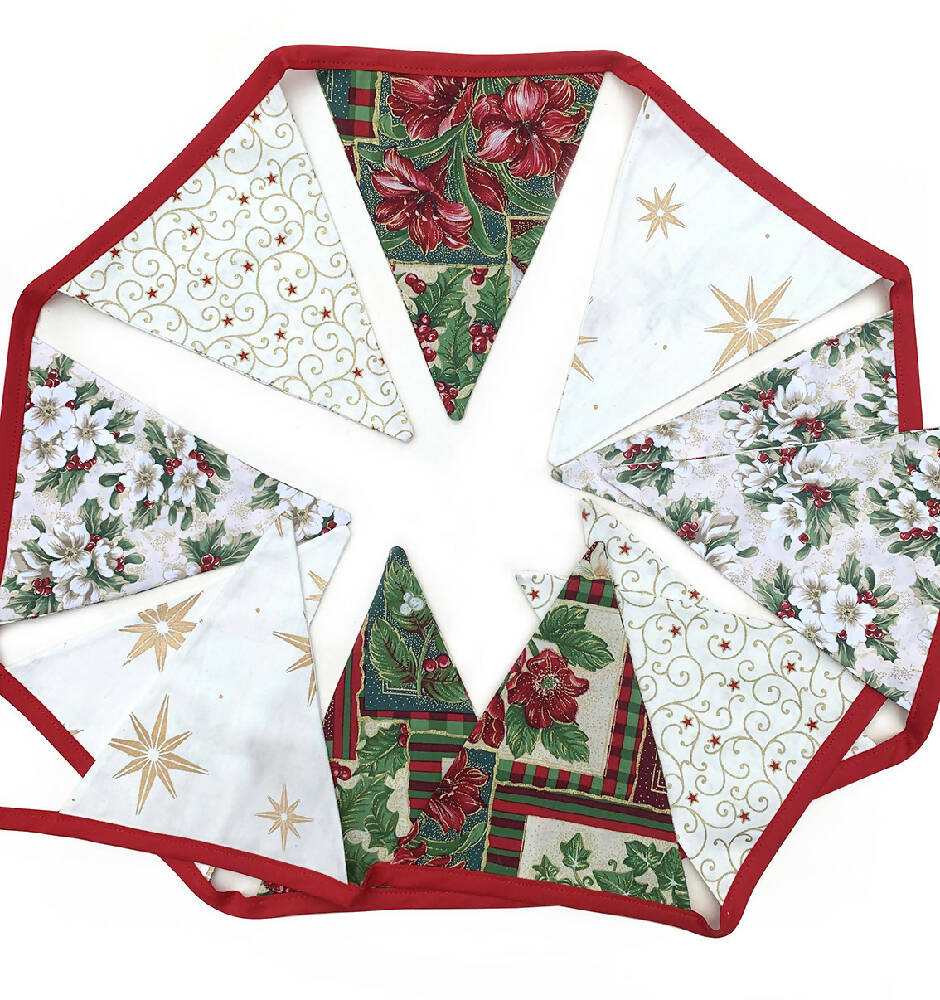 Christmas Bunting - Red Green Gold Traditional Style Flags - Holly & Stars Decoration