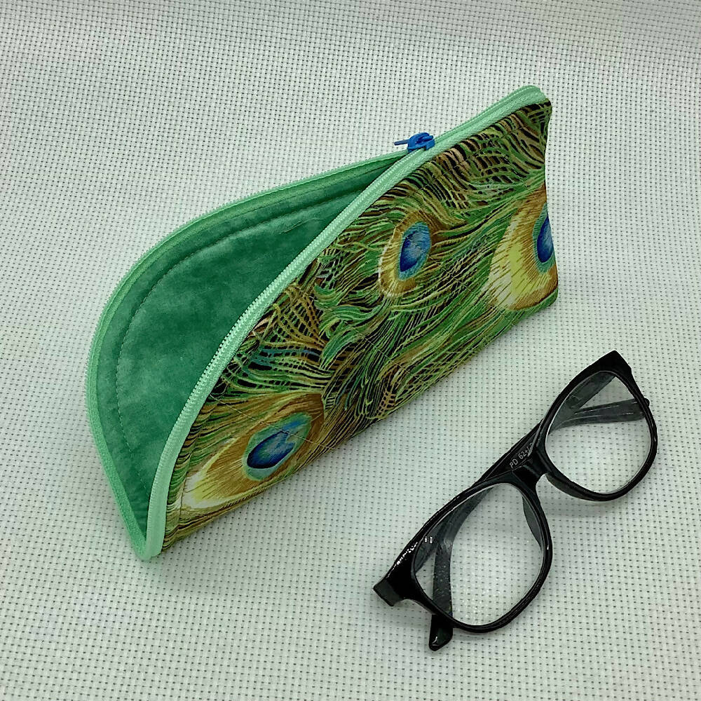 Peacock feathers curved top zip pouch for glasses, phones, handbag organiser, etc.