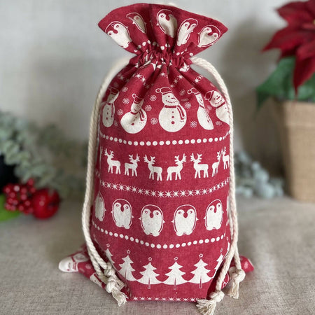 Christmas Reusable Fabric Gift Bag - Red and White